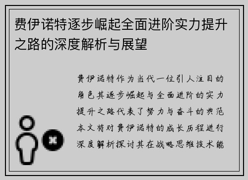 费伊诺特逐步崛起全面进阶实力提升之路的深度解析与展望