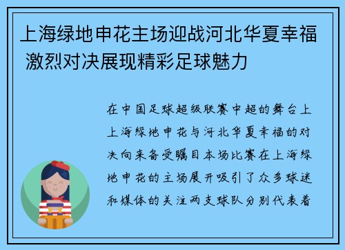上海绿地申花主场迎战河北华夏幸福 激烈对决展现精彩足球魅力