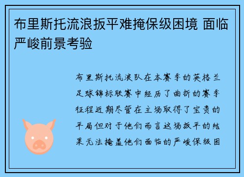 布里斯托流浪扳平难掩保级困境 面临严峻前景考验