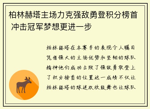 柏林赫塔主场力克强敌勇登积分榜首 冲击冠军梦想更进一步