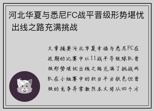 河北华夏与悉尼FC战平晋级形势堪忧 出线之路充满挑战