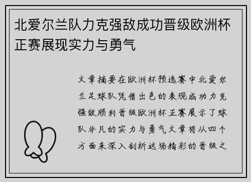 北爱尔兰队力克强敌成功晋级欧洲杯正赛展现实力与勇气