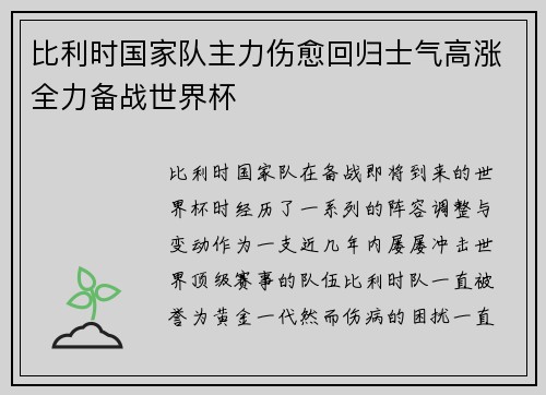比利时国家队主力伤愈回归士气高涨全力备战世界杯
