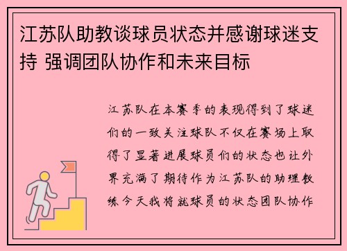 江苏队助教谈球员状态并感谢球迷支持 强调团队协作和未来目标